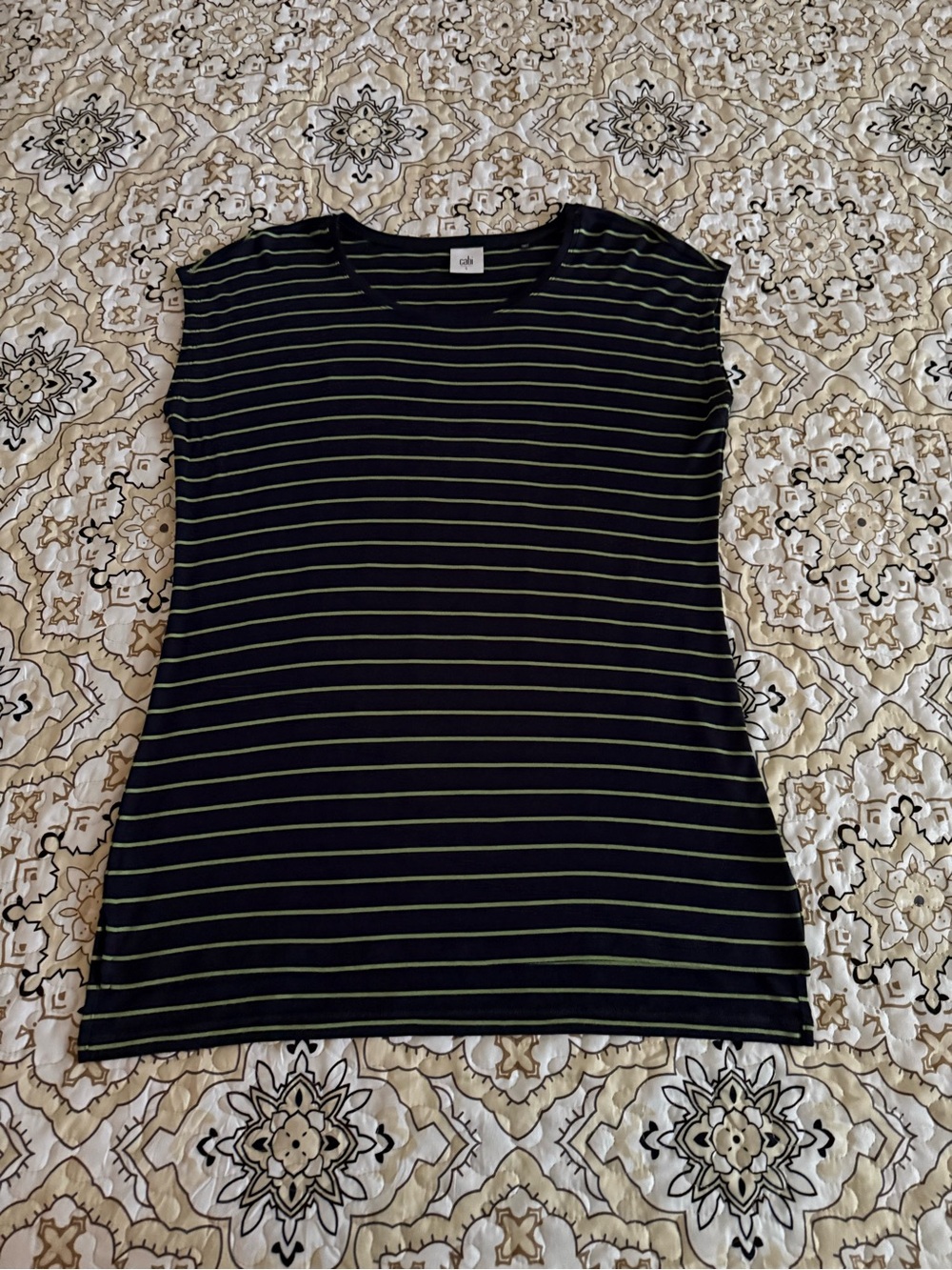 Cabi Ibiza Navy and Green Stripe Cap Sleeve Jersey Top Women’s XS EUC Soft